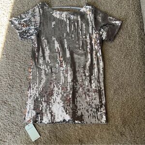 NWT Abercrombie Women's Sequin Tee Shift Mini Dress | Silver | Small Petite